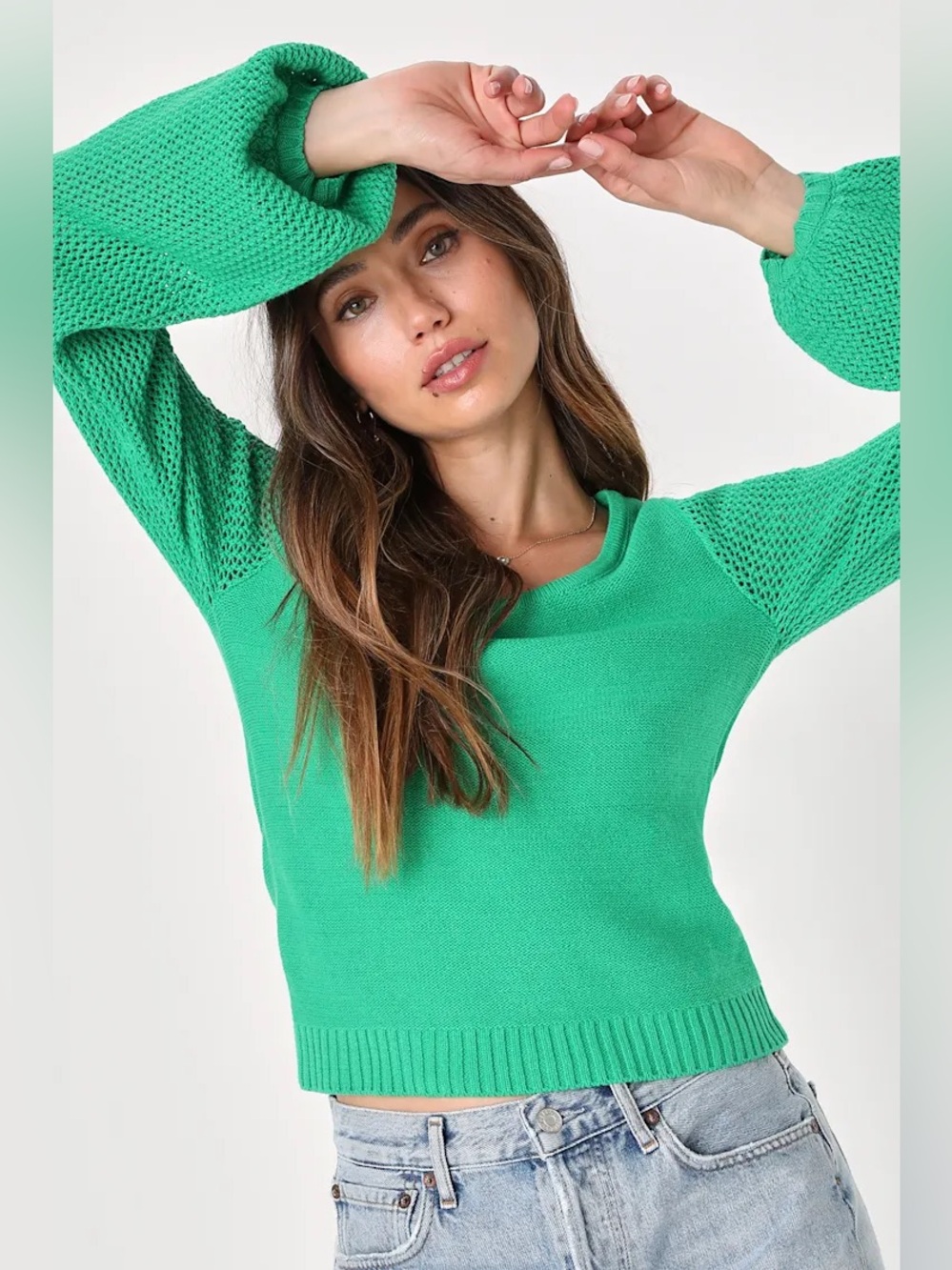 Lulus Modern Essential Green Pointelle Balloon Sleeve Sweater M